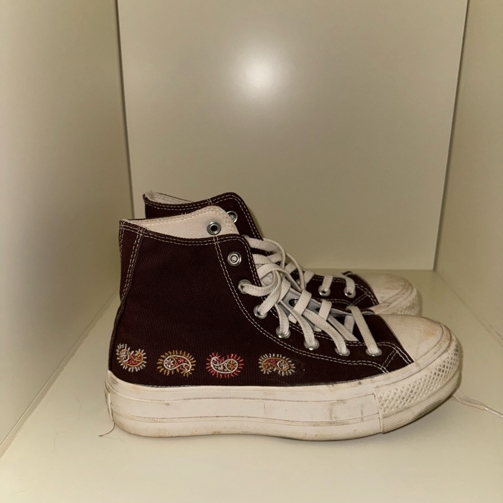Brown Paisley Converse High-Top Sneakers with Embroidery